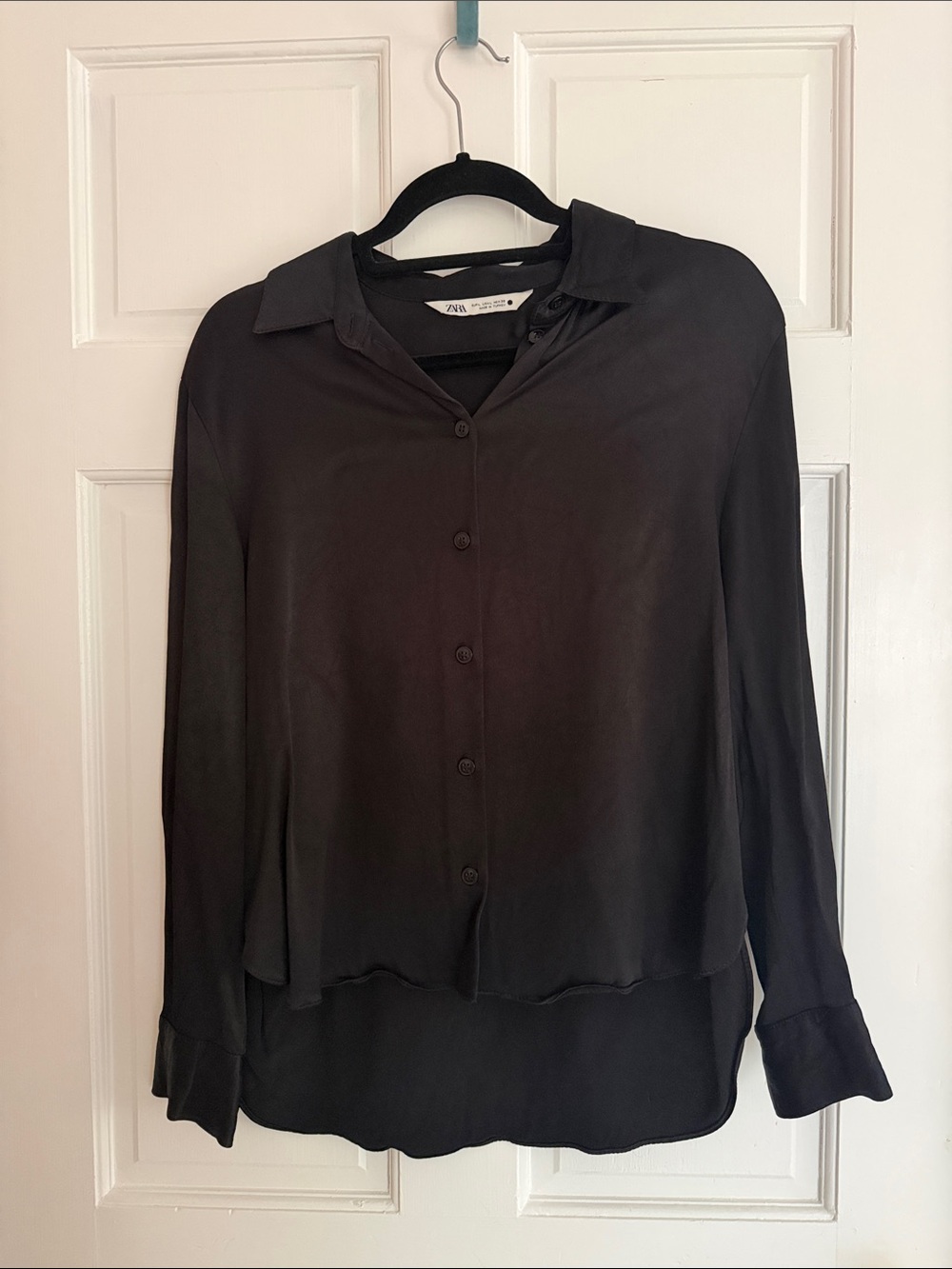 Zara Black Silk Long-Sleeve Button-Down Shirt size L